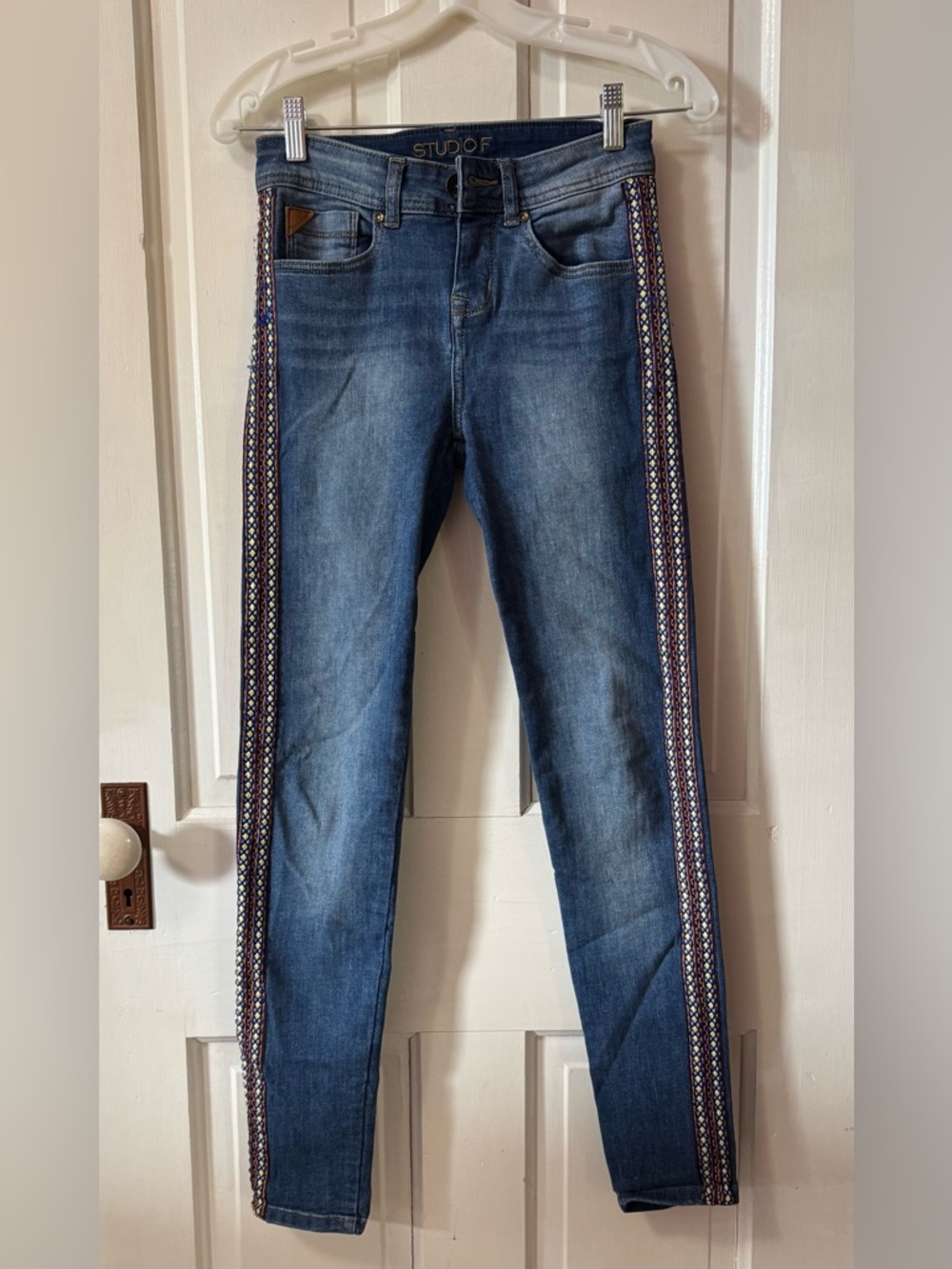 Studio Medium Blue Skinny Jeans with Patterned Side Trim